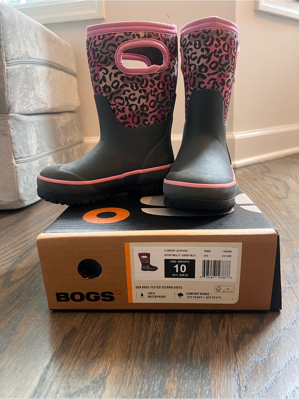 Bogs Kids' Gray & Pink Leopard Waterproof Rain Boots in Size 10